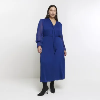 Plus blue chiffon tie neck swing maxi dress sold by River Island