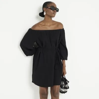 Black textured belted bardot mini dress sold by River Island