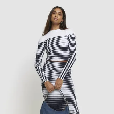 White Long Sleeve Stripe ribbed Cropped Top sold by River Island