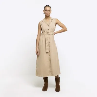 Beige belted denim midi shirt dress sold by River Island
