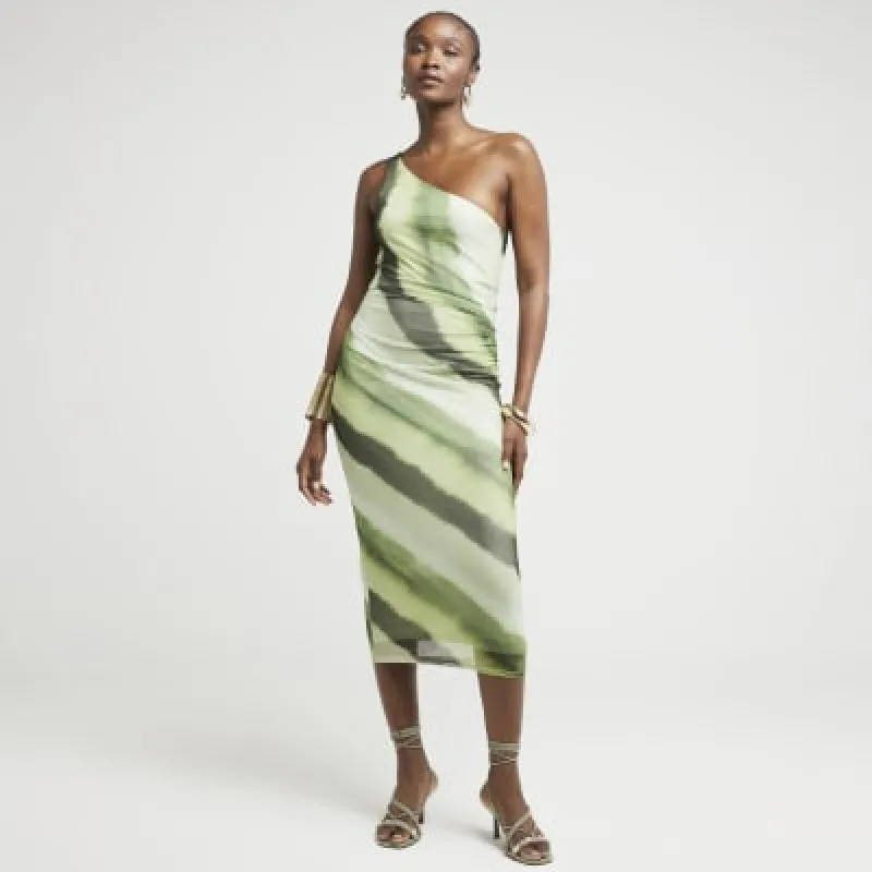 Green mesh asymmetric bodycon midi dress sold by River Island