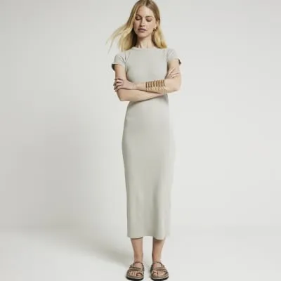 Grey Ribbed Bodycon Midi Dress sold by River Island