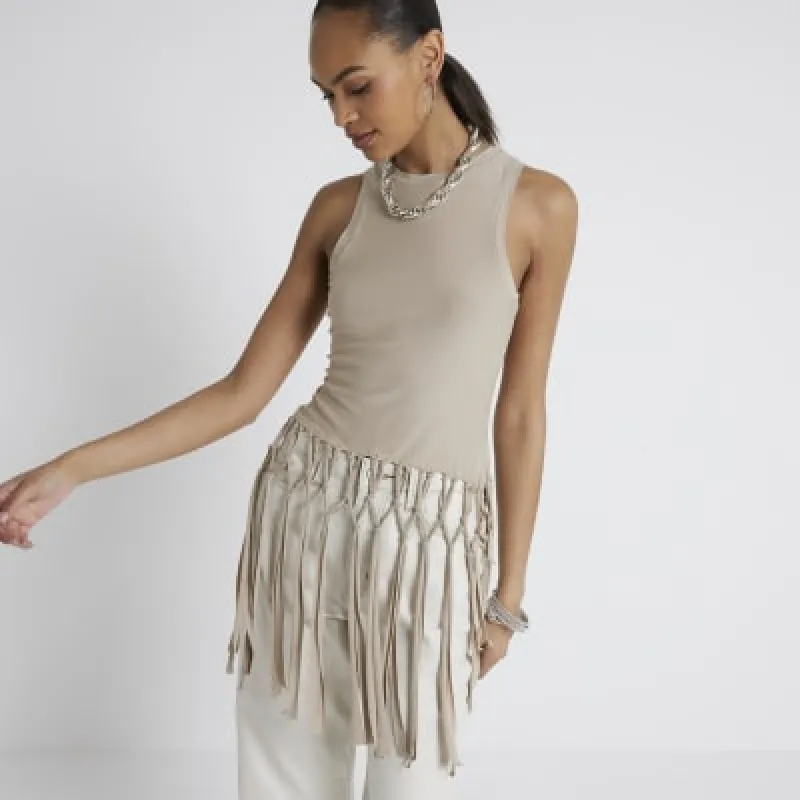 Stone Macrame Fringe Tank Top sold by River Island