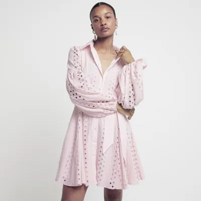 Pink broderie belted mini shirt dress sold by River Island