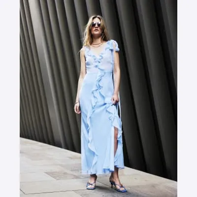 Blue chiffon frill slip maxi dress sold by River Island