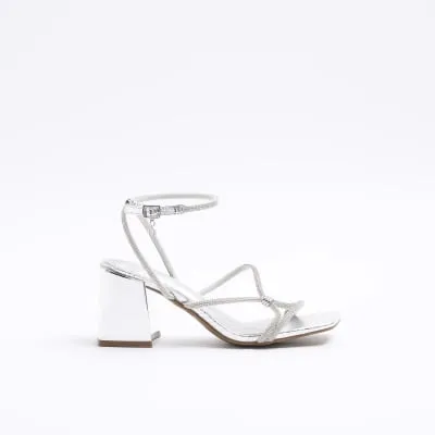Silver wide fit embellished heeled sandals sold by River Island