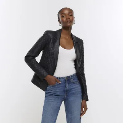 Black faux leather quilted blazer sold by River Island
