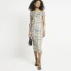Beige mesh asymmetric bodycon midi dress sold by River Island