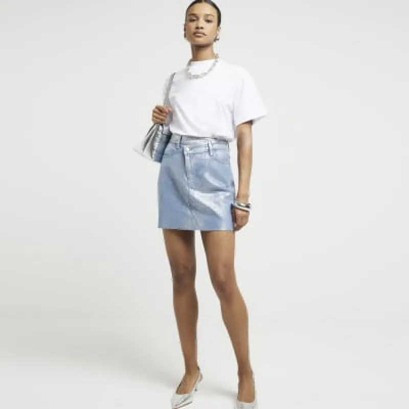 Blue metallic asymmetric waist mini skirt sold by River Island