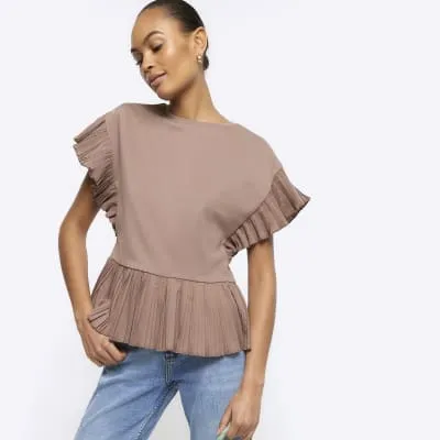 Brown plisse trim frill t-shirt sold by River Island