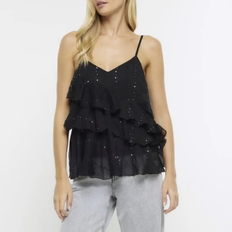 Black sequin detail frill cami top sold by River Island