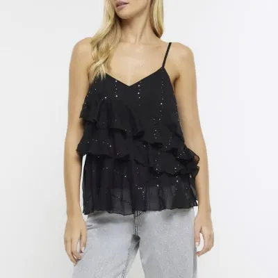 Black sequin detail frill cami top sold by River Island