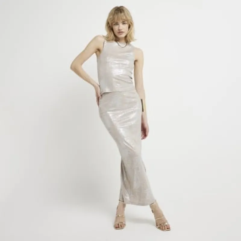 Beige stone foil print midi skirt sold by River Island