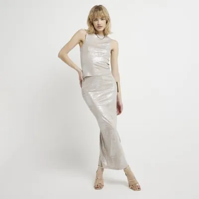 Beige stone foil print midi skirt sold by River Island