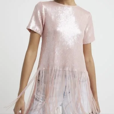 Pink sequin fringe detail t-shirt sold by River Island