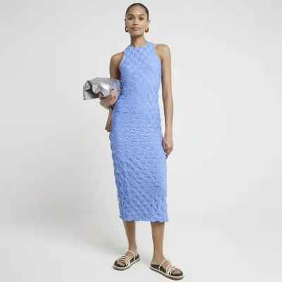 Blue textured bodycon midi dress sold by River Island