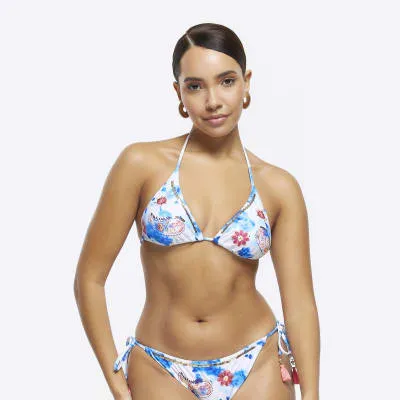 Blue embroidered triangle bikini top sold by River Island