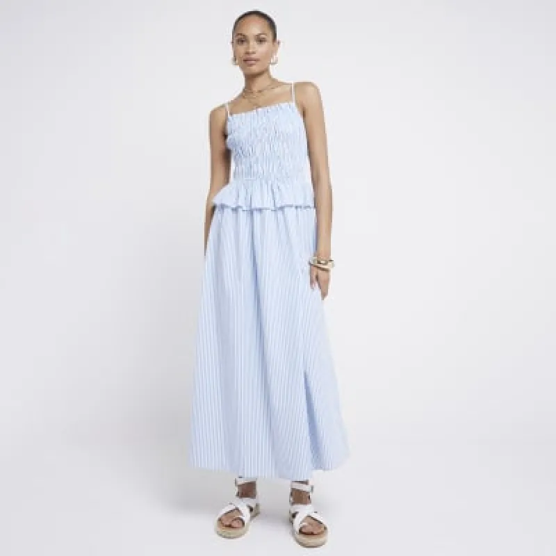 Blue stripe shirred smock midi dress sold by River Island