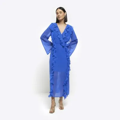 Blue frill wrap swing midi dress sold by River Island
