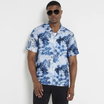 Blue Regular Fit Tie Dye Revere Shirt sold by River Island