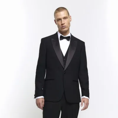Black slim fit tuxedo jacket sold by River Island