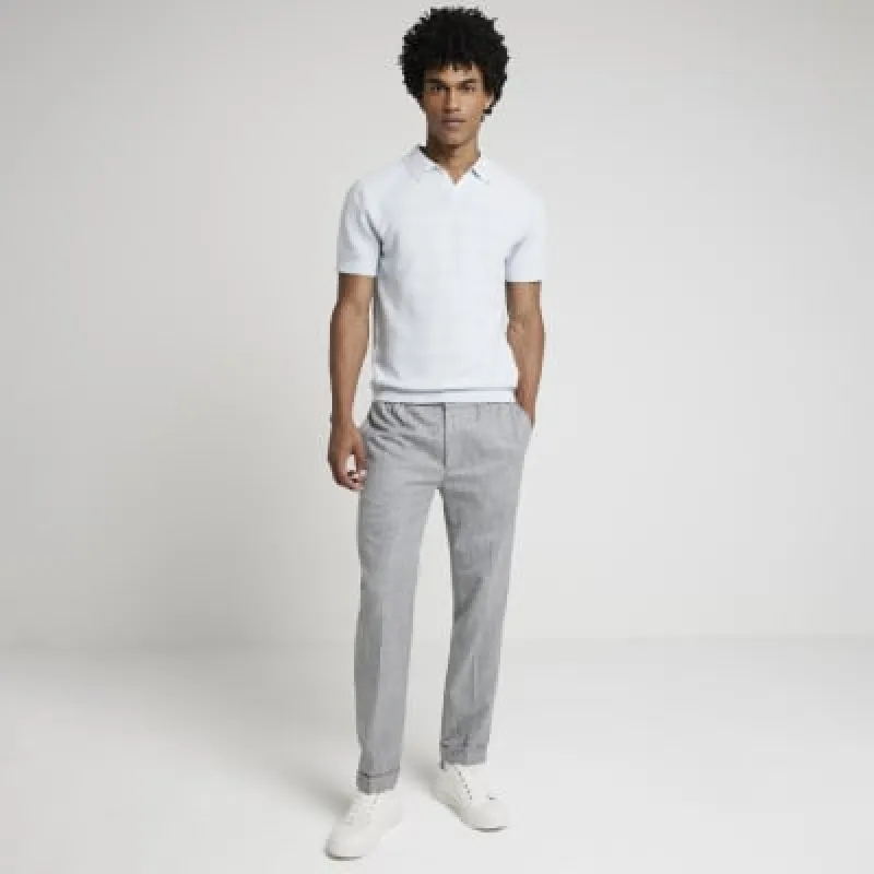 Blue Slim Fit Diamond Stitch Knit Polo Shirt sold by River Island