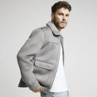 Grey regular fit shearling western jacket sold by River Island