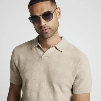 Stone slim fit knit open collar polo sold by River Island