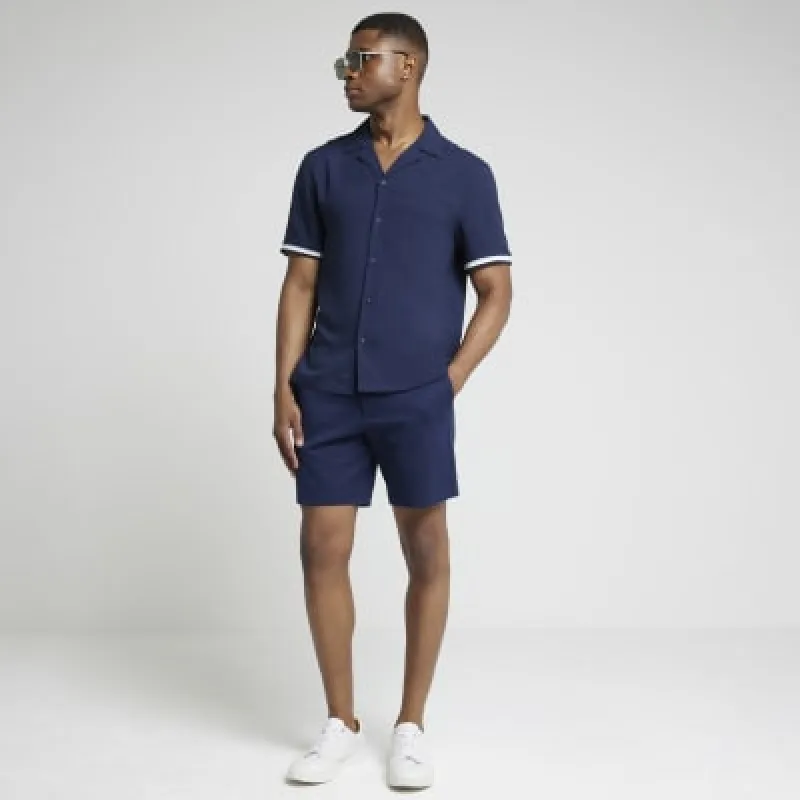 Navy regular fit taped revere shirt sold by River Island
