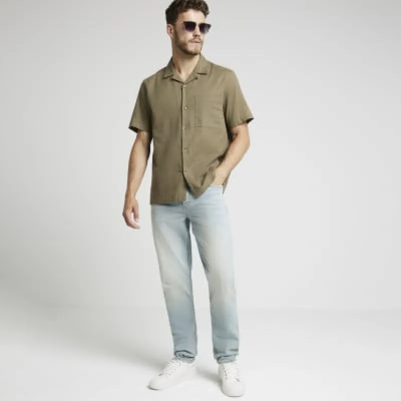 Khaki Regular Fit Linen Blend Revere Shirt sold by River Island