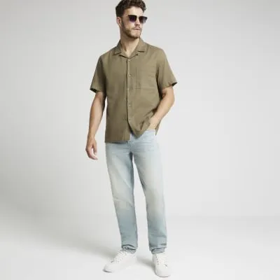 Khaki Regular Fit Linen Blend Revere Shirt sold by River Island
