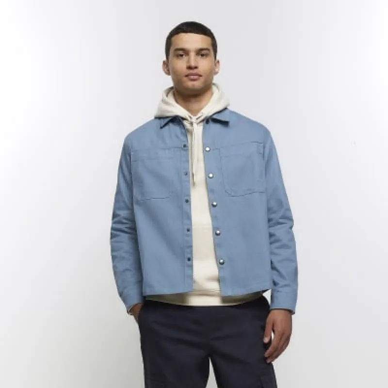 Blue regular fit popper front overshirt sold by River Island