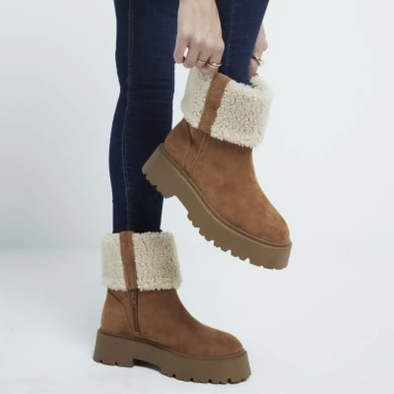 Brown Suede Borg Cuff Chunky Boots sold by River Island