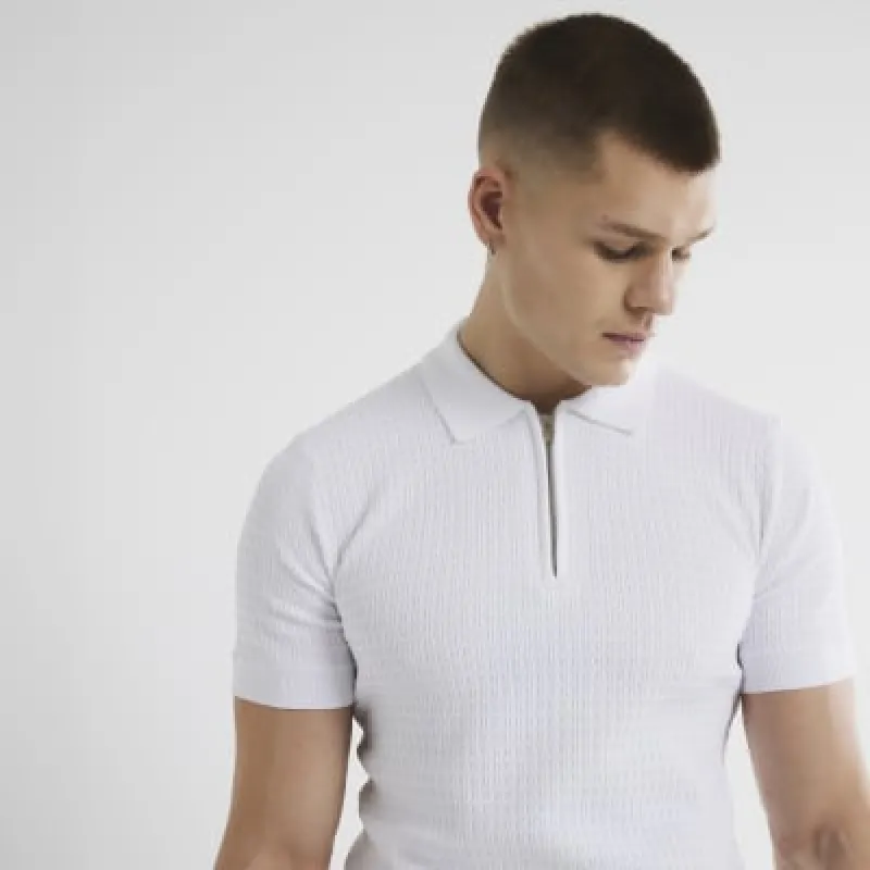 White Muscle Fit Textured Polo Shirt sold by River Island