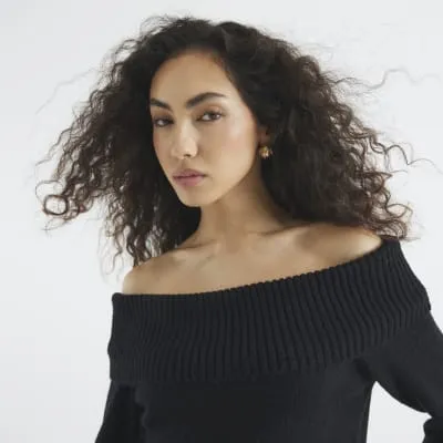 Black Long Sleeve Bardot Knit Top sold by River Island