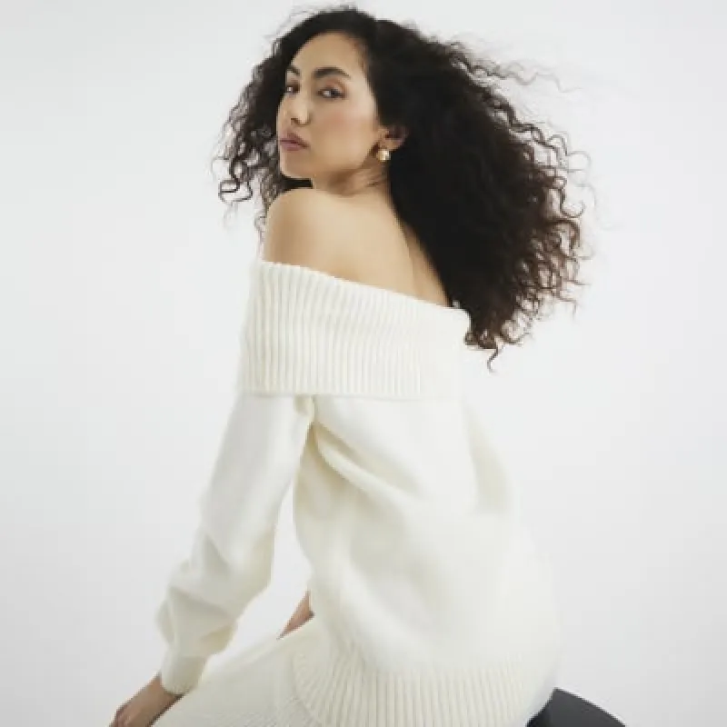 Cream Long Sleeve Bardot Knit Top sold by River Island