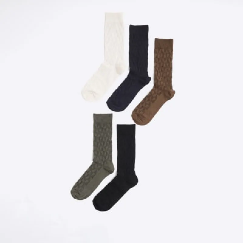Khaki 5 Pack Textured Diamond Socks sold by River Island