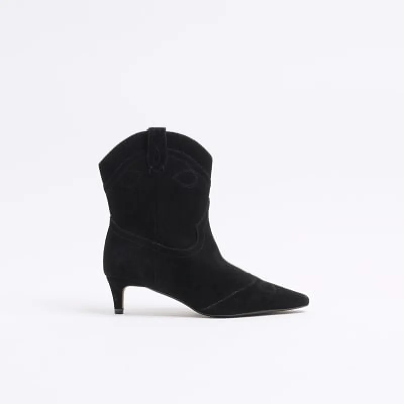 Black Suede Kitten Heeled Western Boots sold by River Island