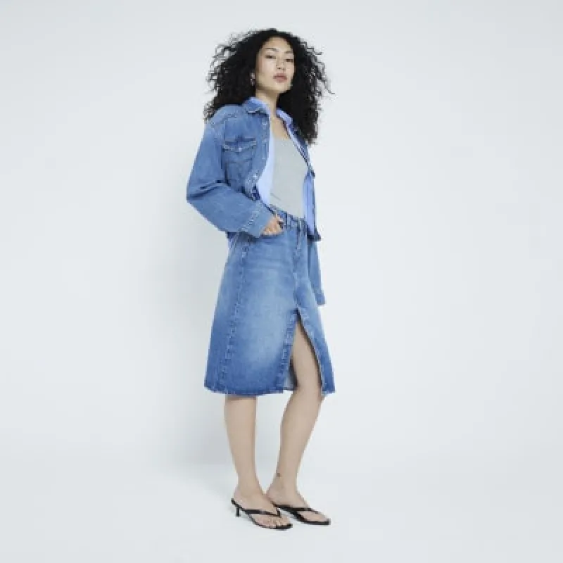 Blue Denim Pencil Midi Skirt sold by River Island