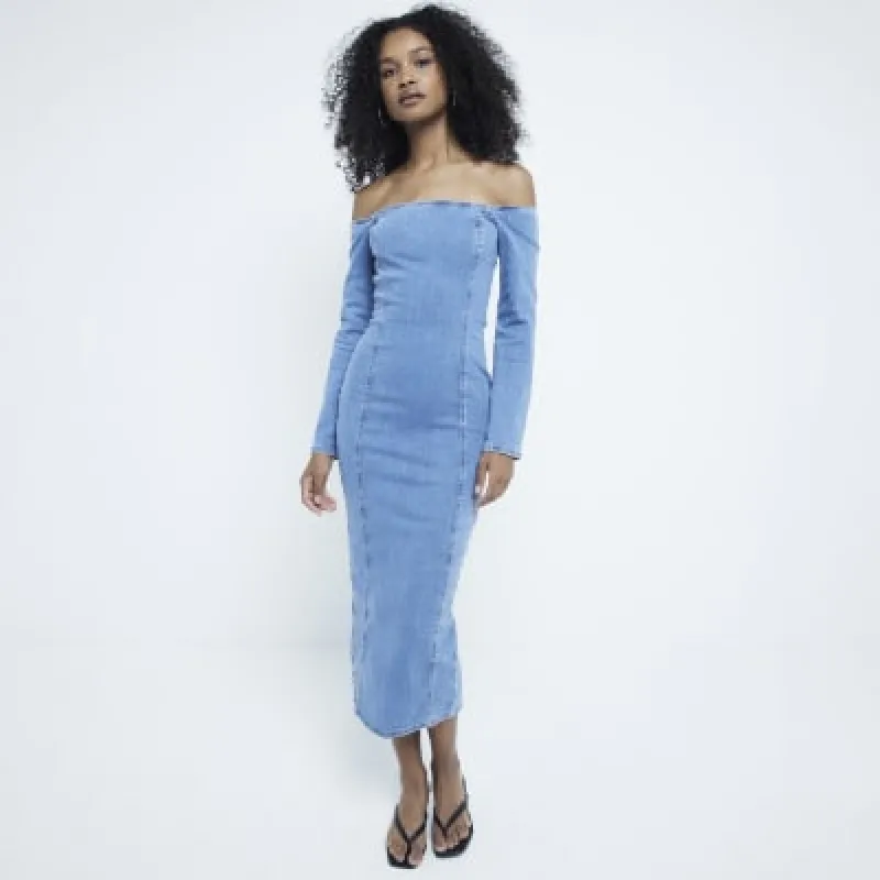 Blue denim bardot long sleeve midi dress sold by River Island
