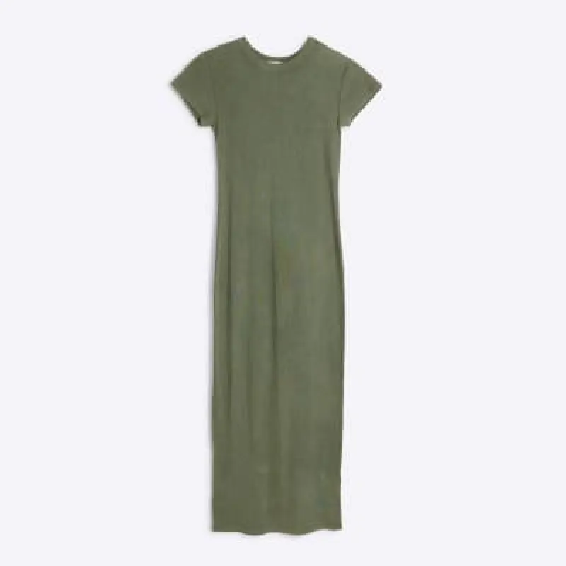 Petite Khaki ribbed bodycon midi dress sold by River Island