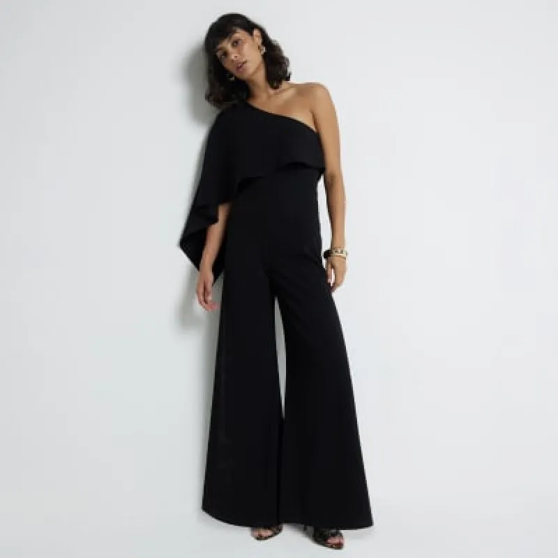 Black Assymetric Cape Jumpsuit sold by River Island