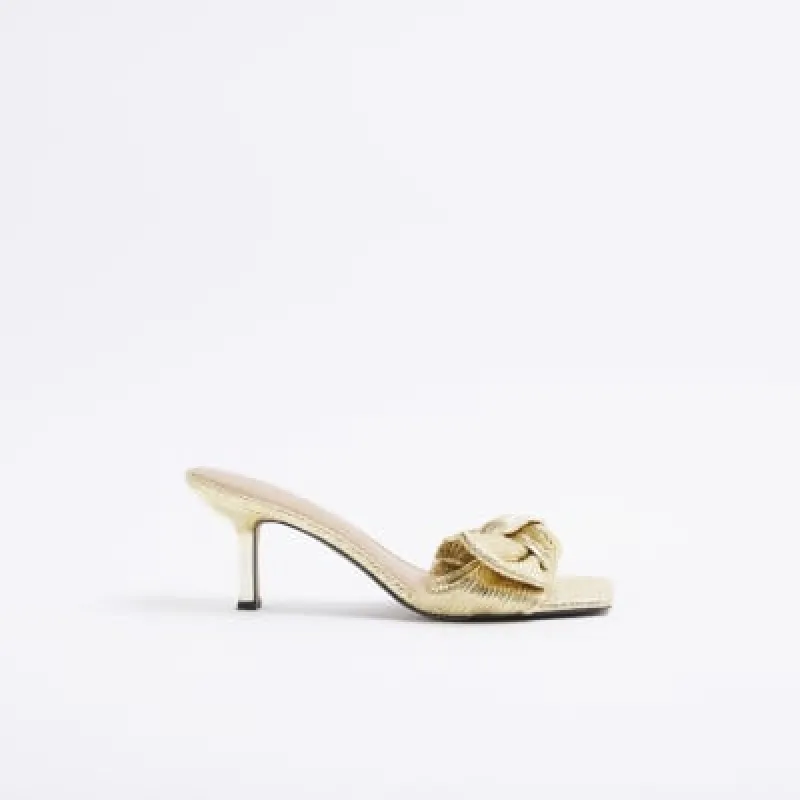 Gold ruched bow heeled mule sandals sold by River Island