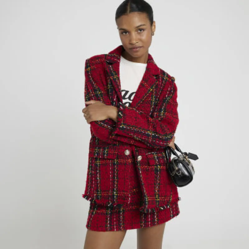 Red tartan boucle blazer sold by River Island