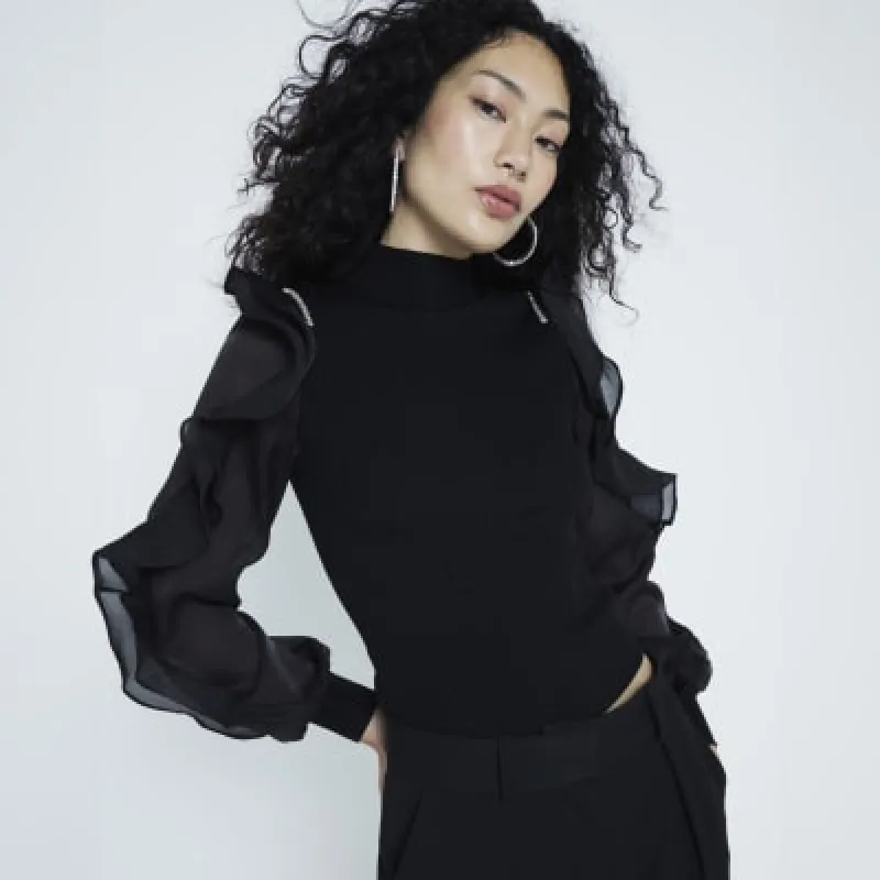 Black Knit Frill Sleeve Top made by River Island