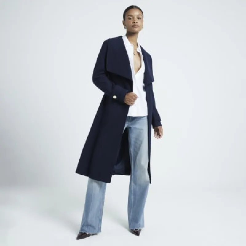 Navy Belted Wrap Coat sold by River Island