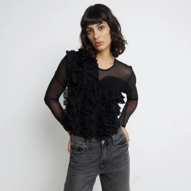 Black Mesh Frill Long Sleeve Bodysuit sold by River Island