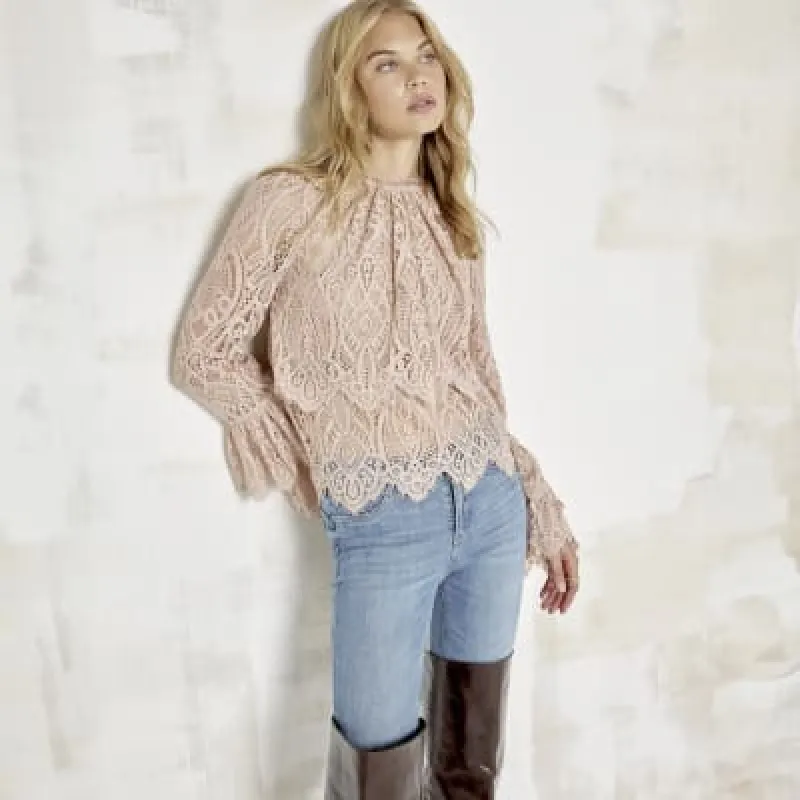 Pink lace frill detail blouse sold by River Island