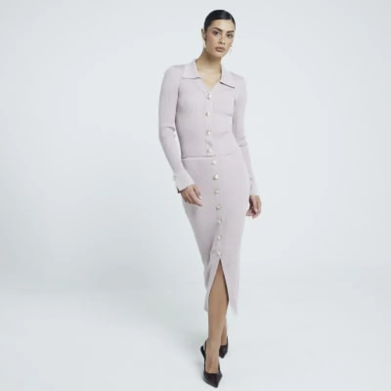 Beige knit button detail polo top sold by River Island