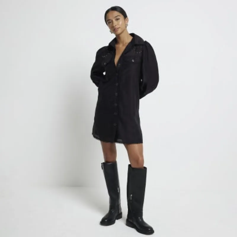Petite Black Studded Cutwork Shirt Dress sold by River Island